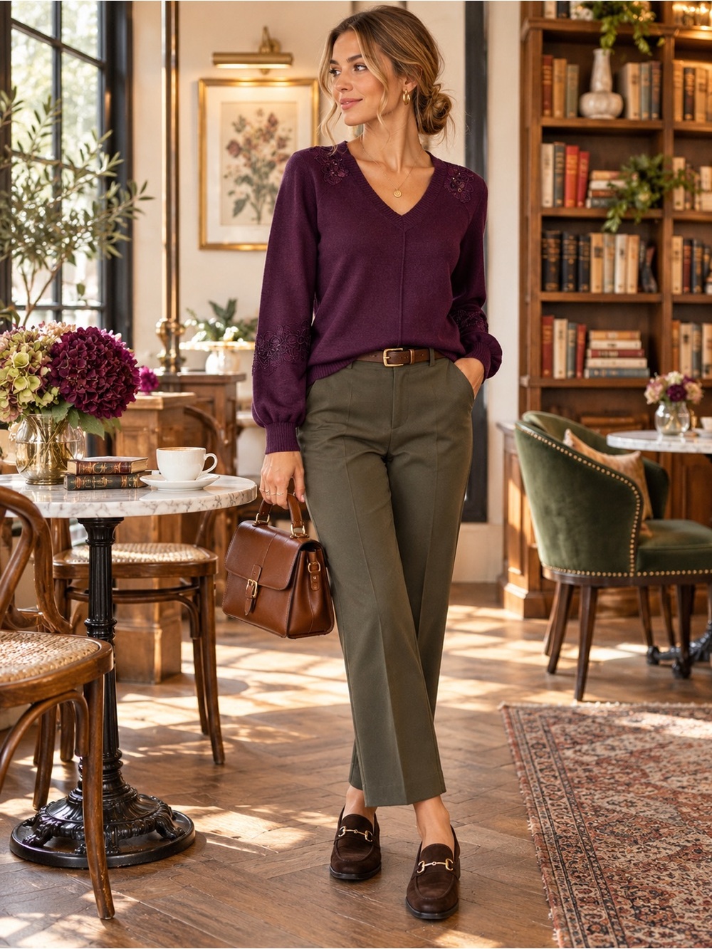 Democracy Embroidered Lace V-Neck Pullover Sweater | Dark Plum Burgundy